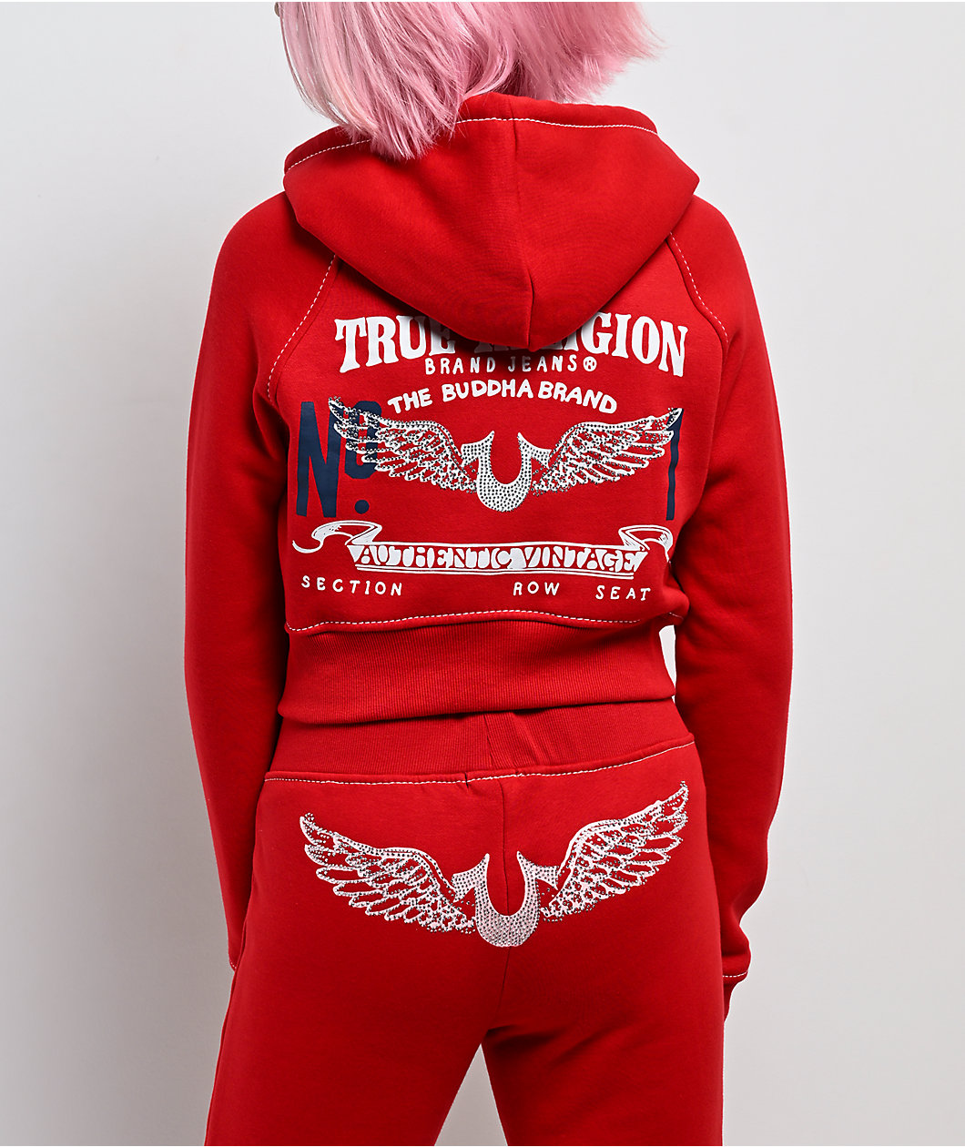 True Religion Shrunken Crystal Wing Barbados Cherry Red Crop Zip Hoodie