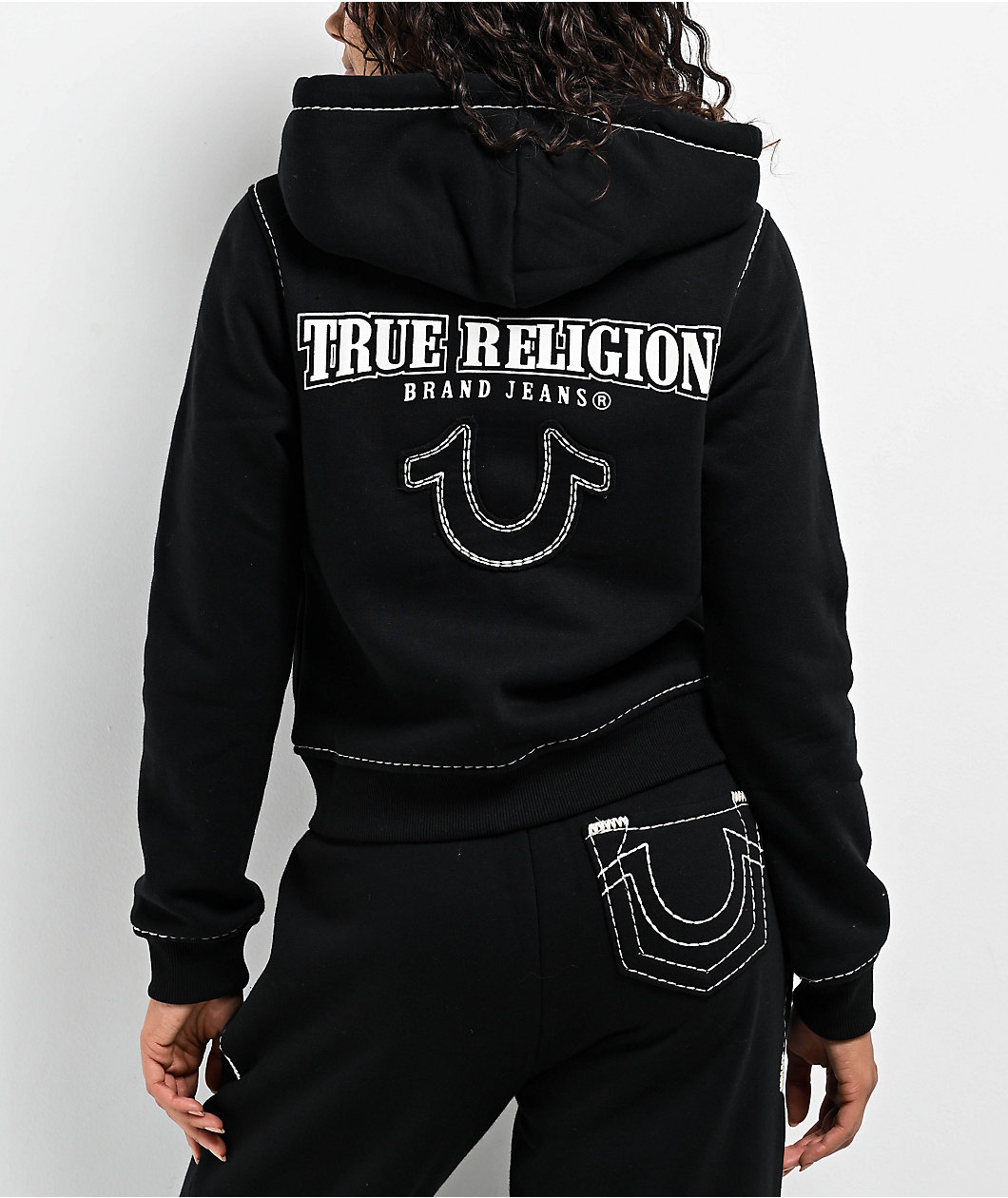 True Religion Super T Fleece Black Crop Zip Hoodie