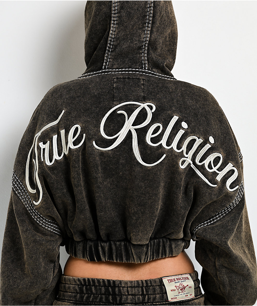 True Religion Super T Rust Brown Wash Crop Zip Hoodie