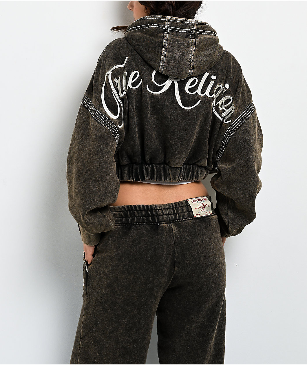 True Religion Super T Rust Brown Wash Crop Zip Hoodie