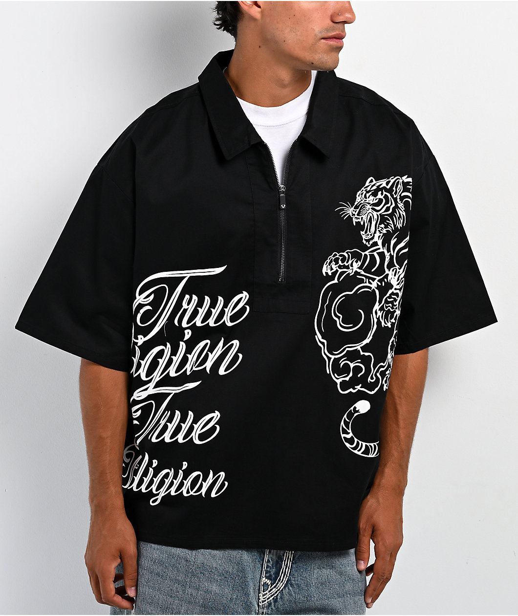 True Religion Tiger Black Half Zip Work Shirt