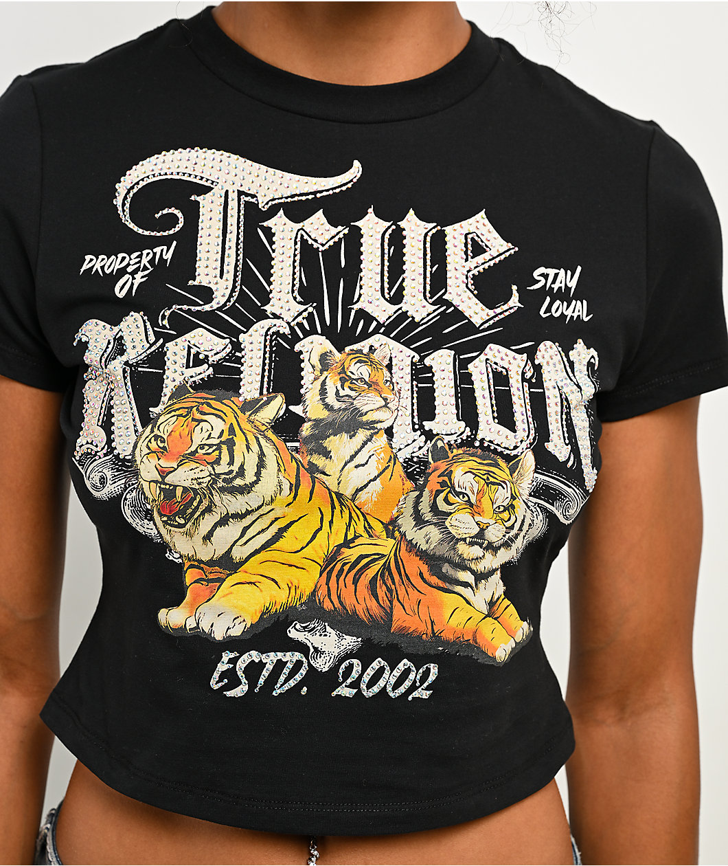 True Religion Tiger Rhinestone Black Crop T-Shirt