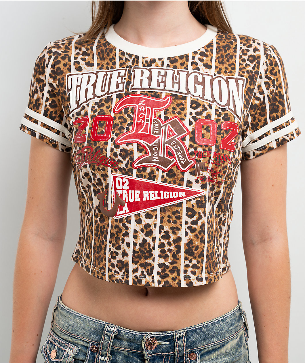 True Religion True Sport Stripe Leopard Print Crop T-Shirt