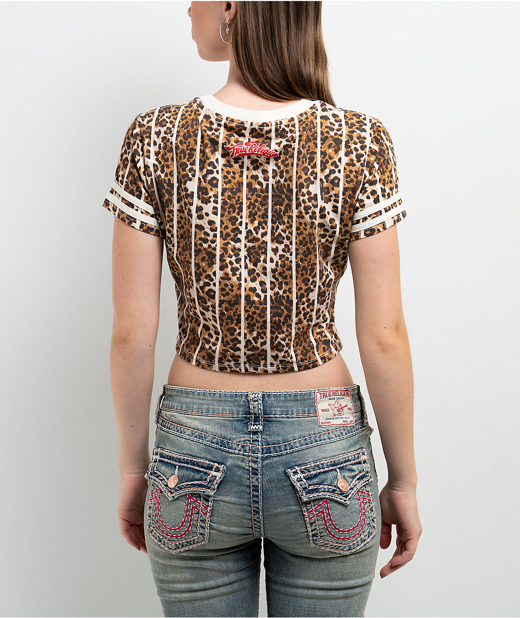 True Religion True Sport Stripe Leopard Print Crop T-Shirt