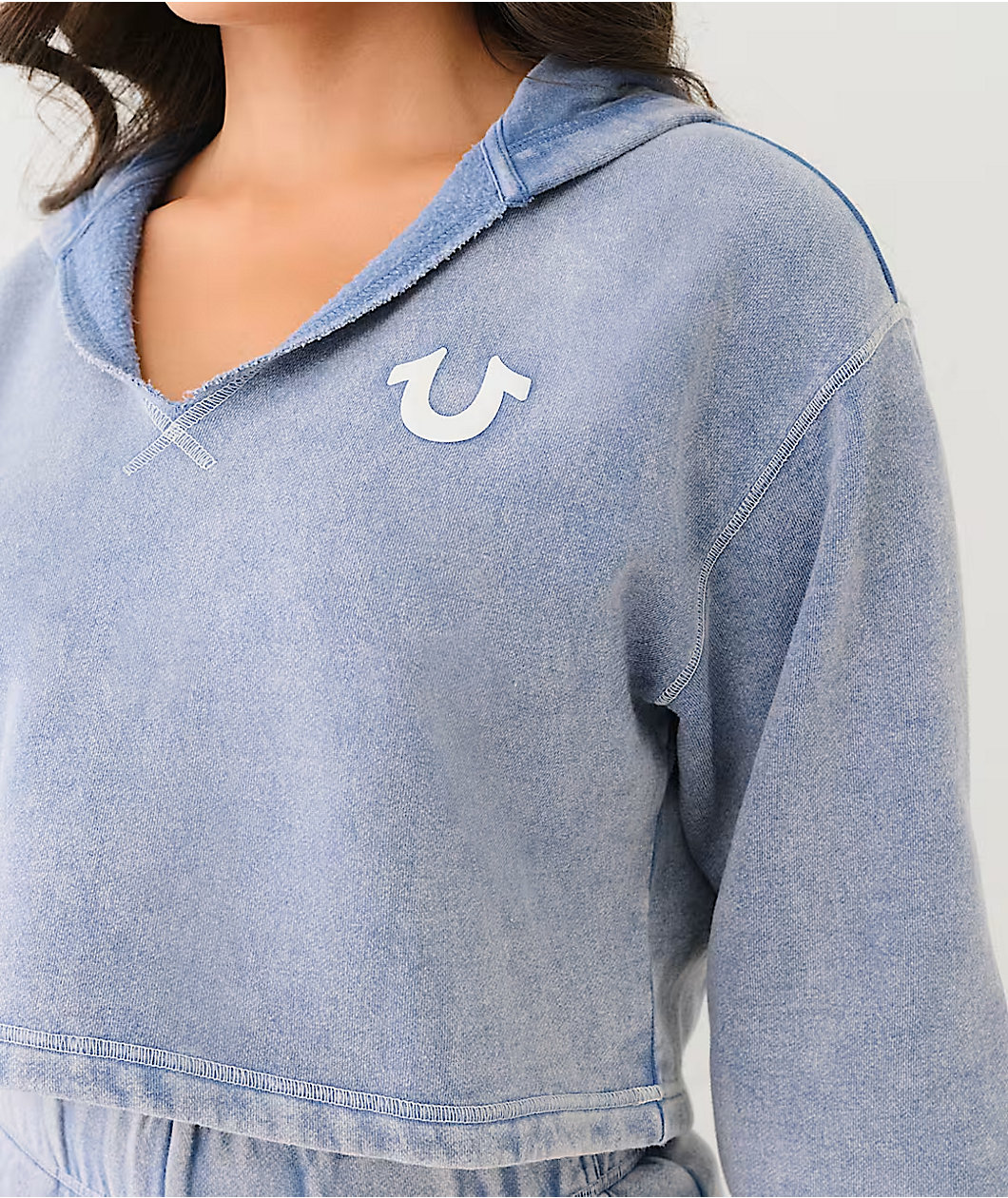 True Religion V Notch Blue Fog Wash Crop Hoodie