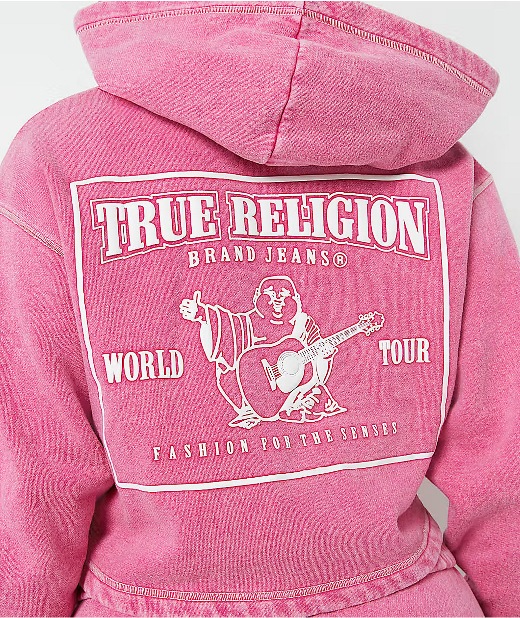True Religion V Notch Very Berry Pink Wash Crop Hoodie
