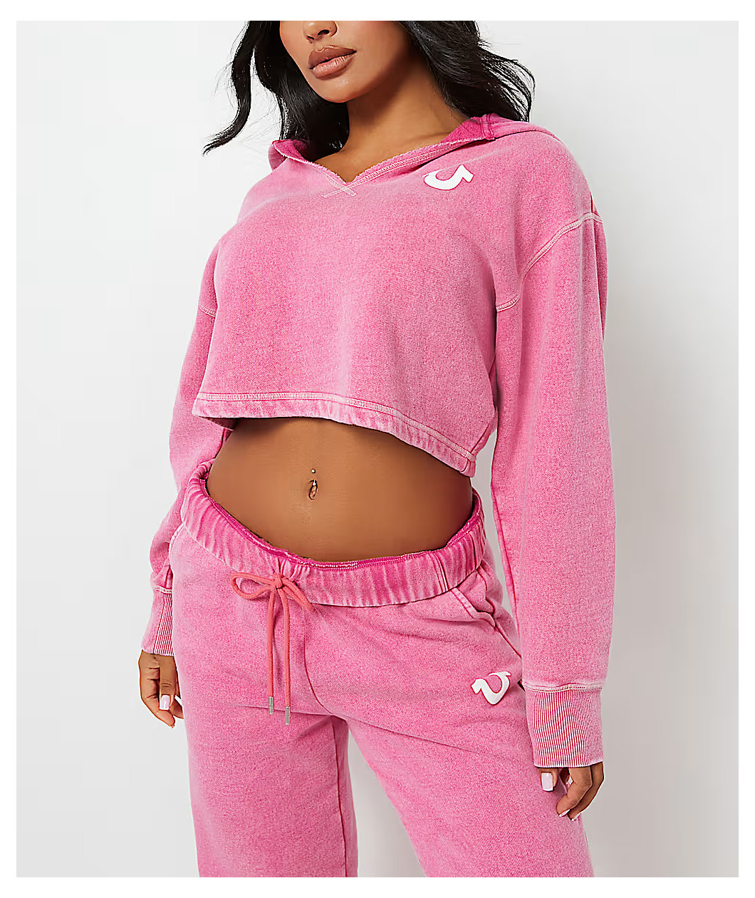 True Religion V Notch Very Berry Pink Wash Crop Hoodie