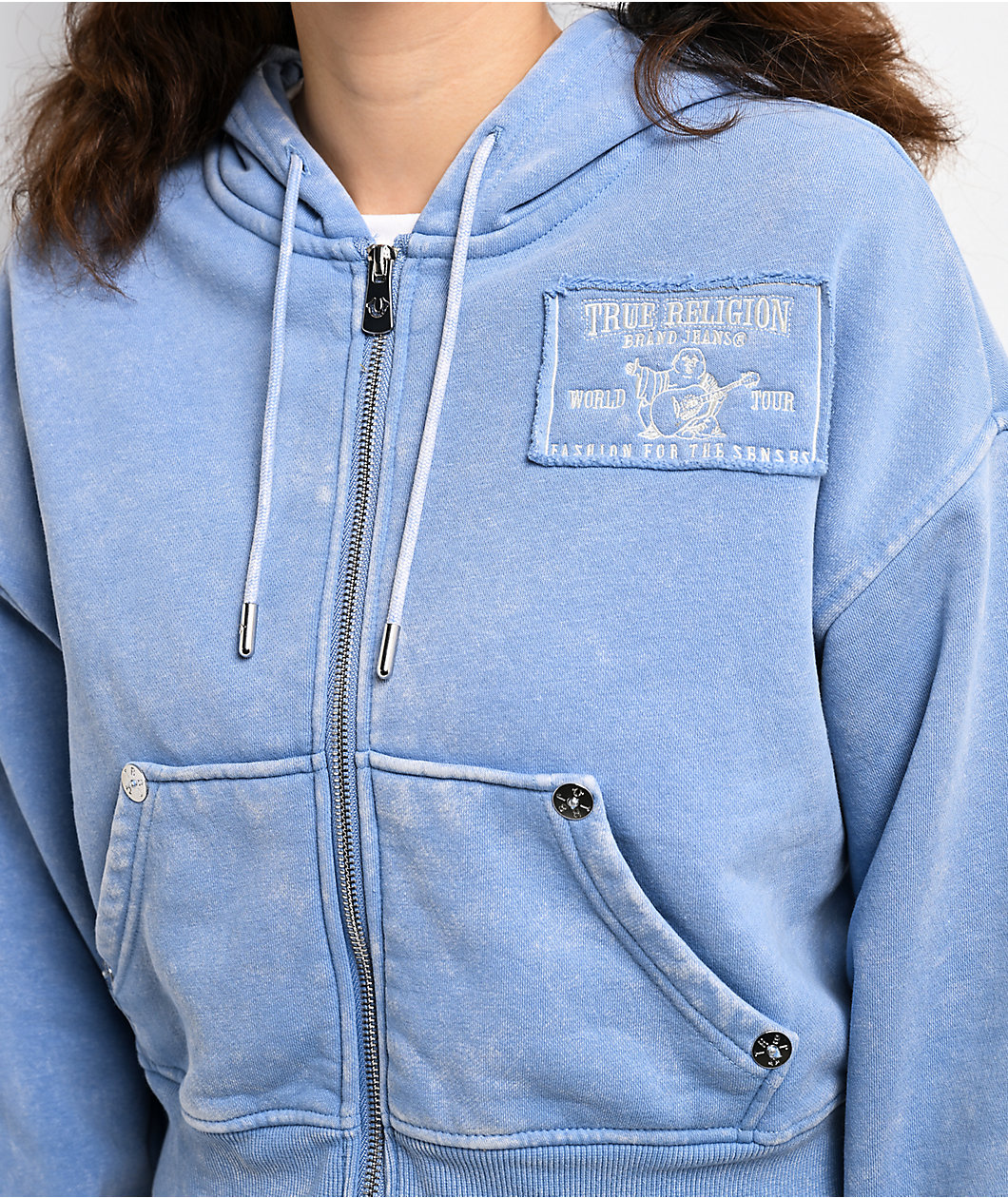 True Religion Vintage Blue Wash Crop Zip Hoodie