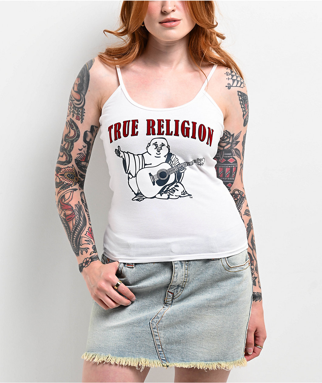 True Religion Vintage Flocked Logo White Cami Tank Top