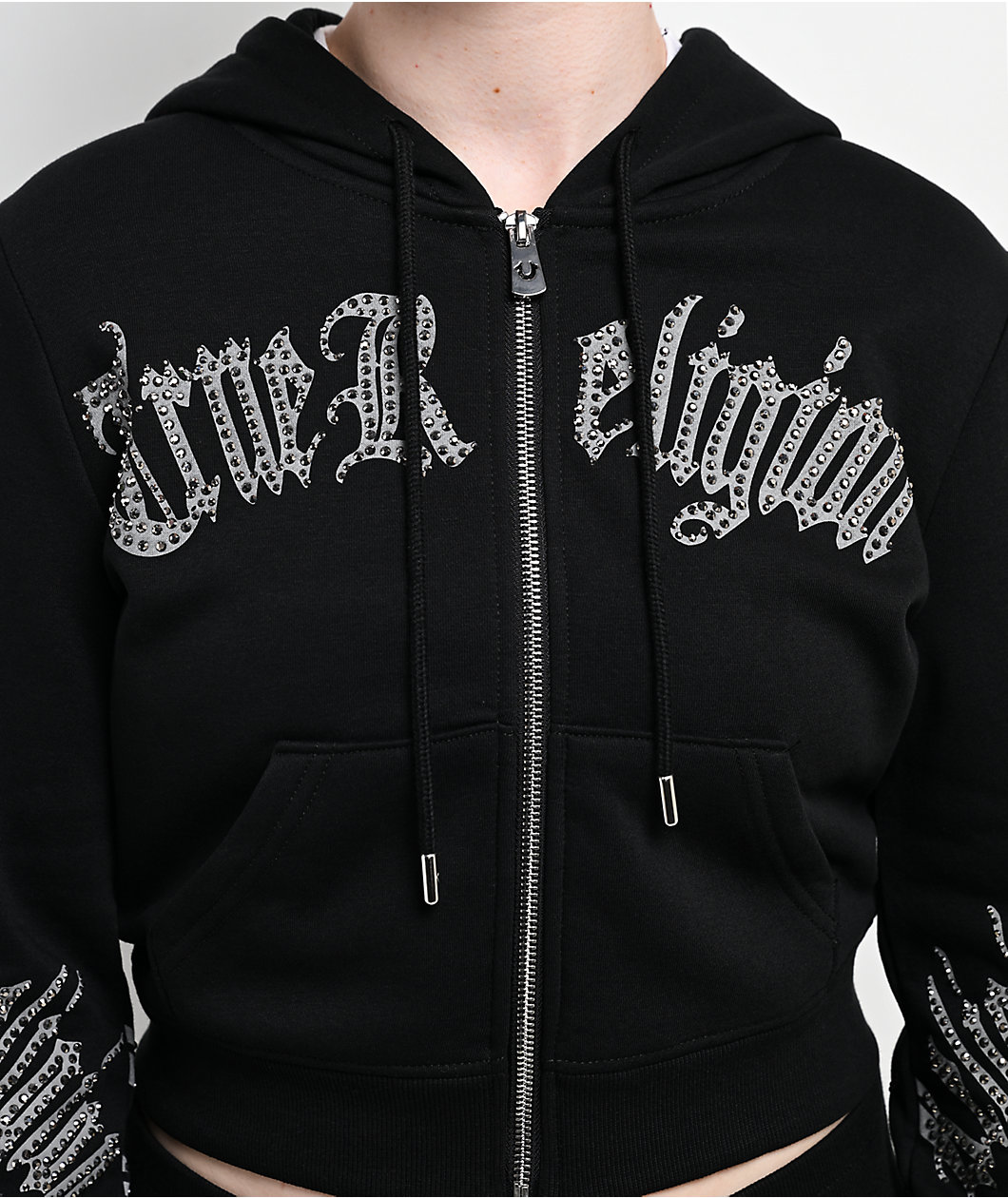 True Religion Virgin Mary Shrunken Black Zip Hoodie