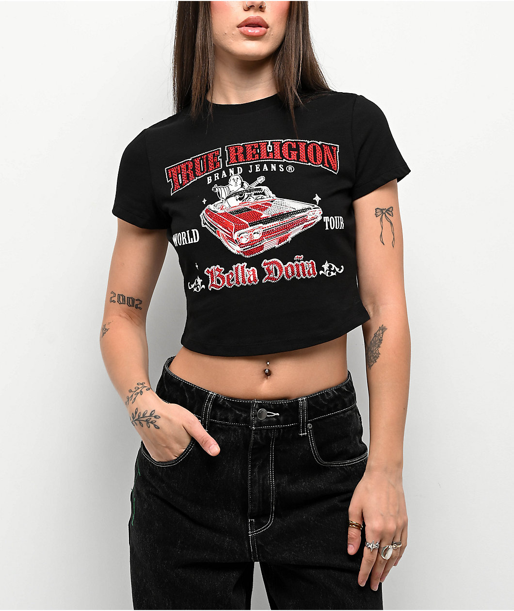 True Religion x Bella Doña Low Rider Crystal Black Crop T-Shirt
