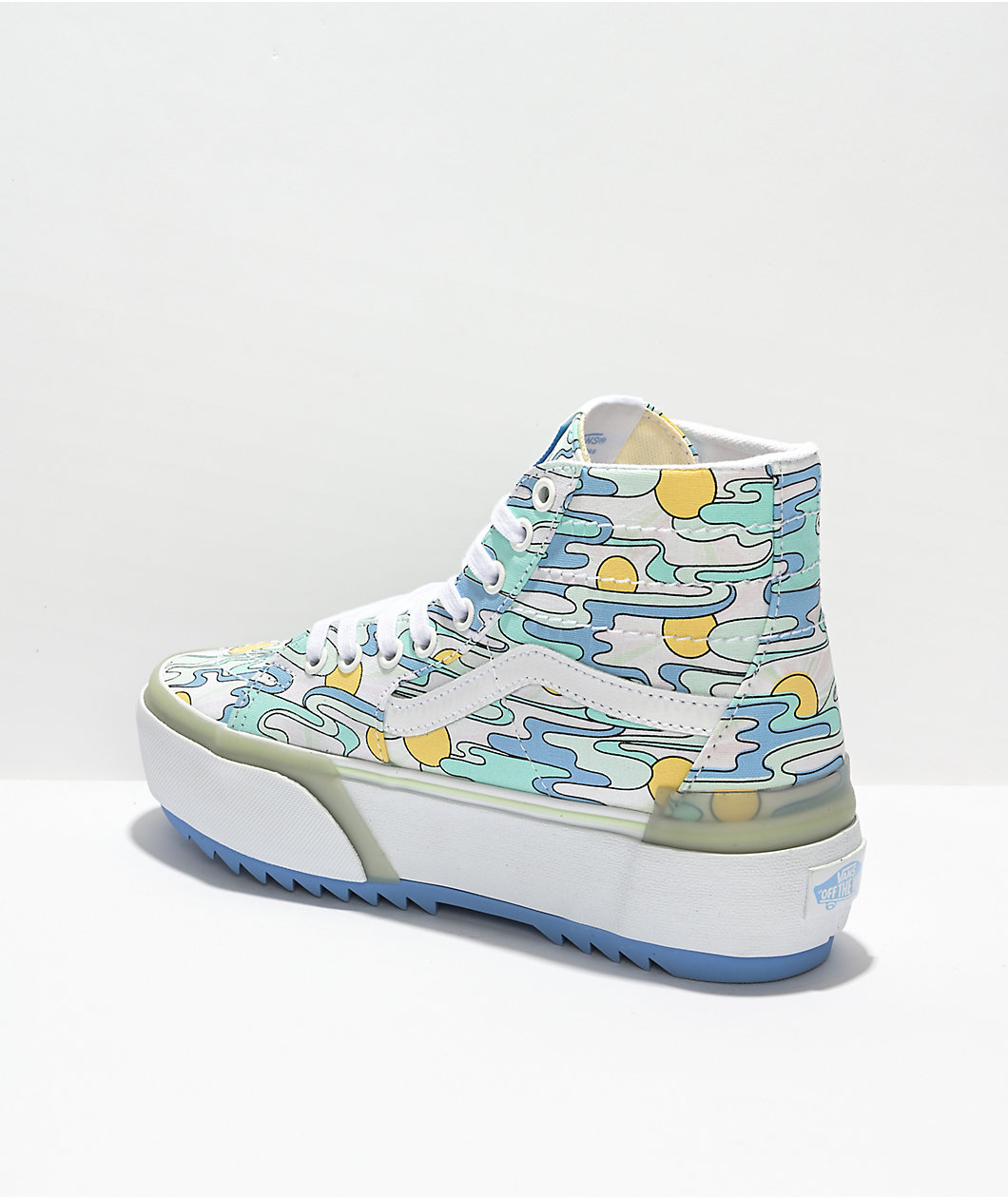 Vans Sk8-Hi Stacked Mint, Blue & Yellow Sunwaves Platform Shoes