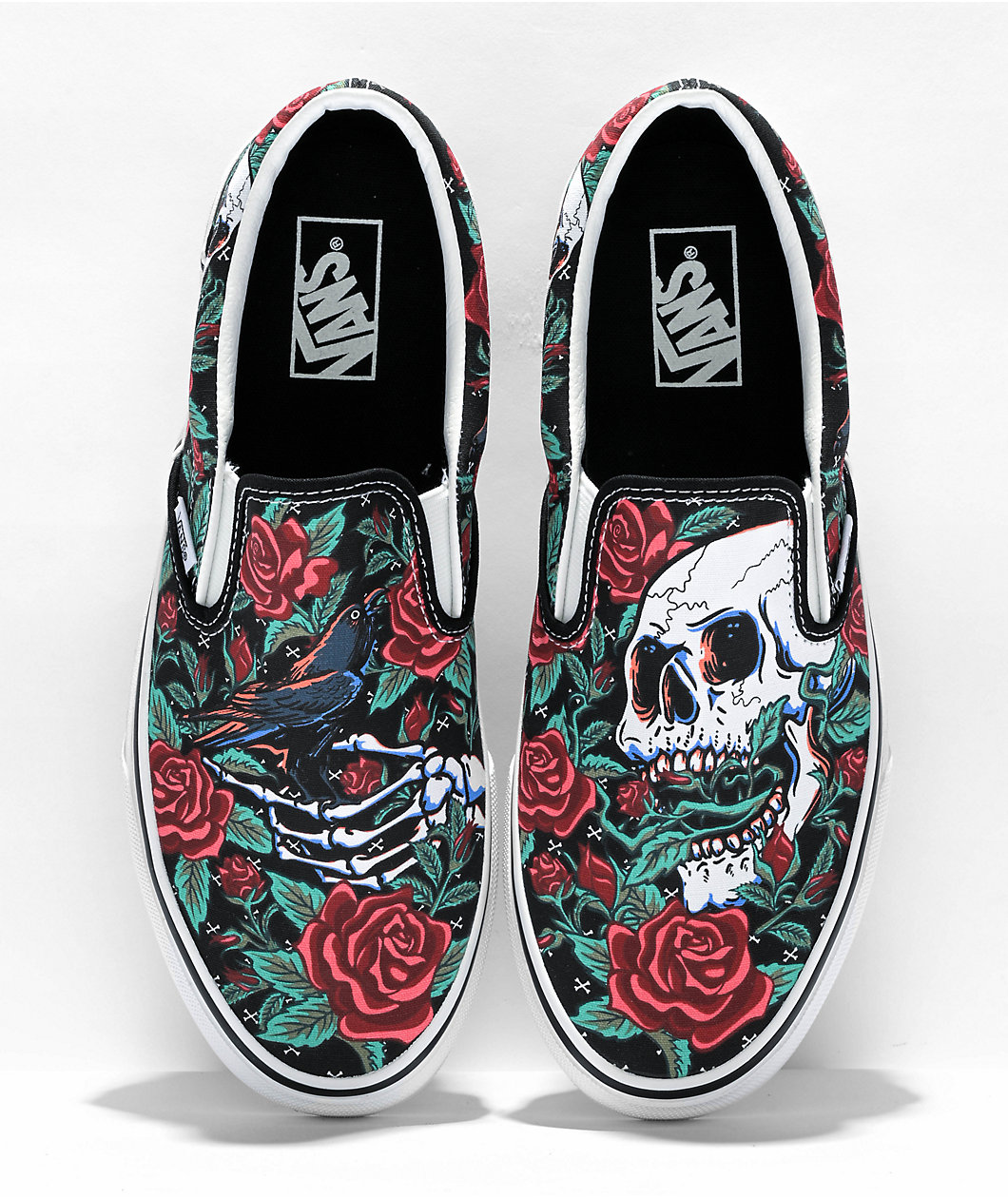 Vans Slip-On Rose Skulls Black, Red & Green Skate Shoes