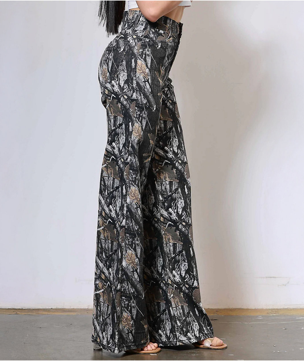 Vibrant Dark Wood Camo High Rise Wide Leg Jeans