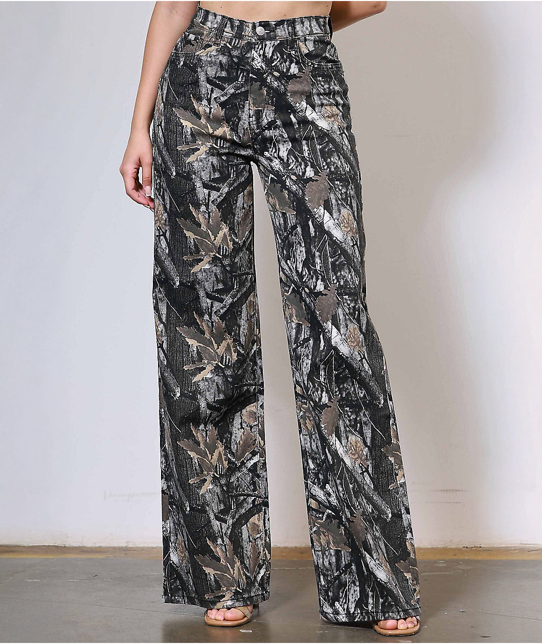 Vibrant Dark Wood Camo High Rise Wide Leg Jeans