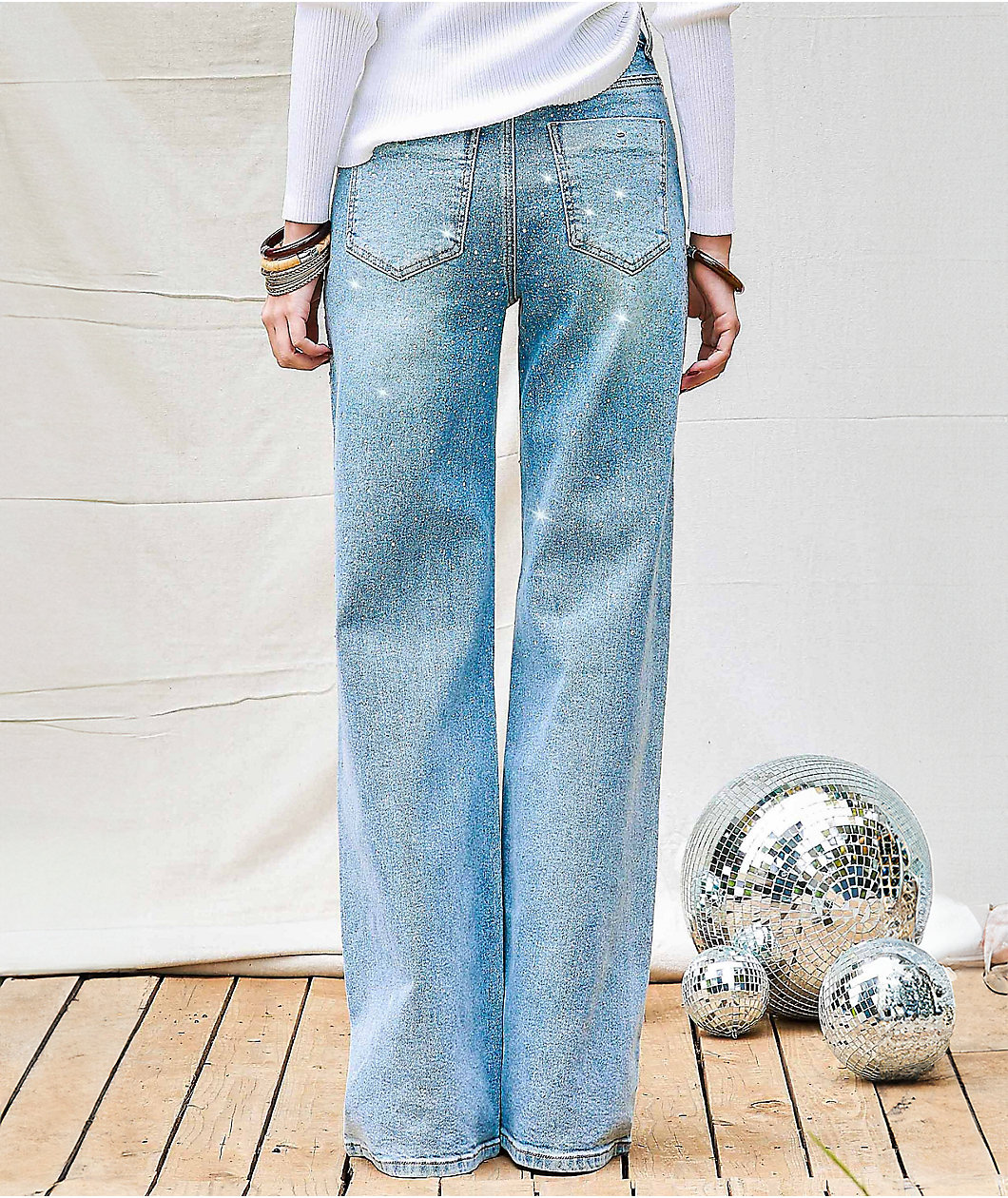 Vibrant Iridescent Rhinestone Light Stone Wash High Rise Wide Leg Jeans