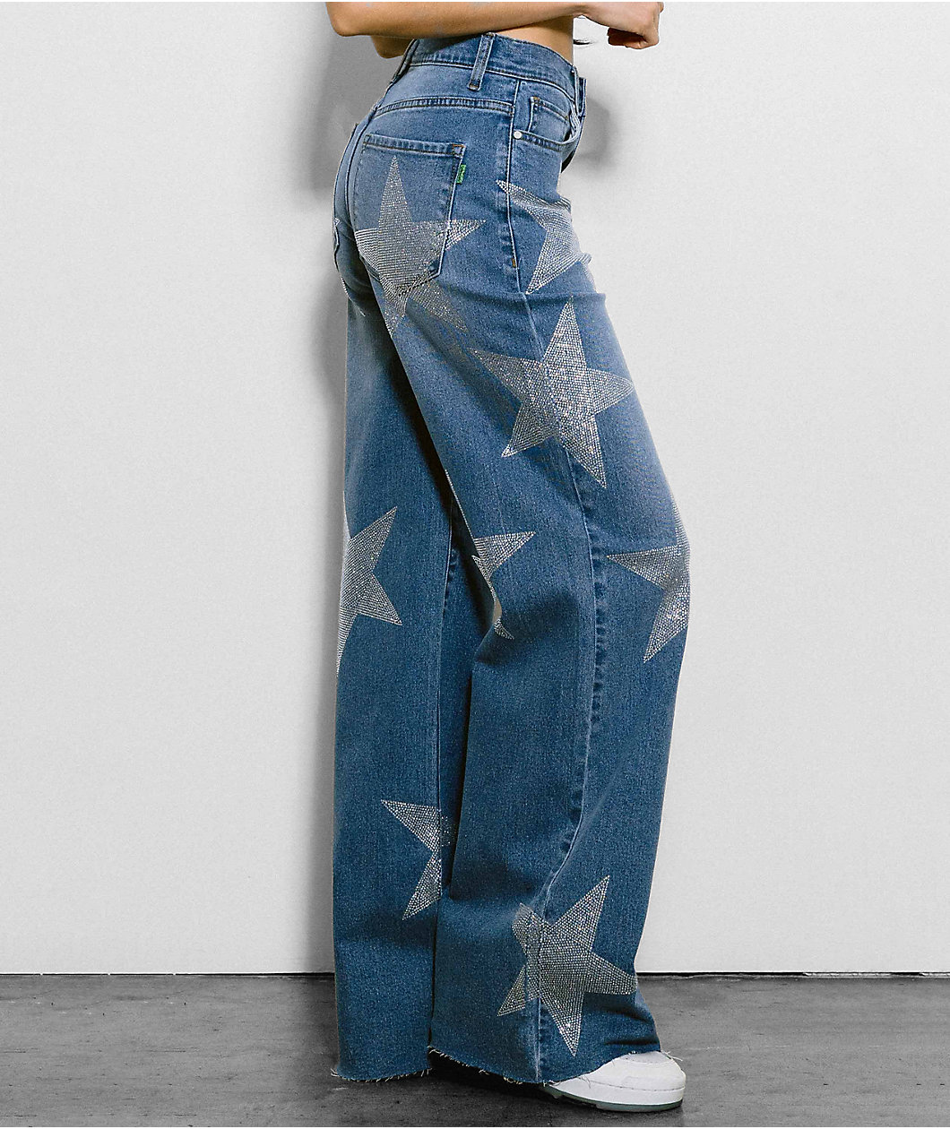Vibrant miu Star Rhinestone Blue Wide Leg Jeans
