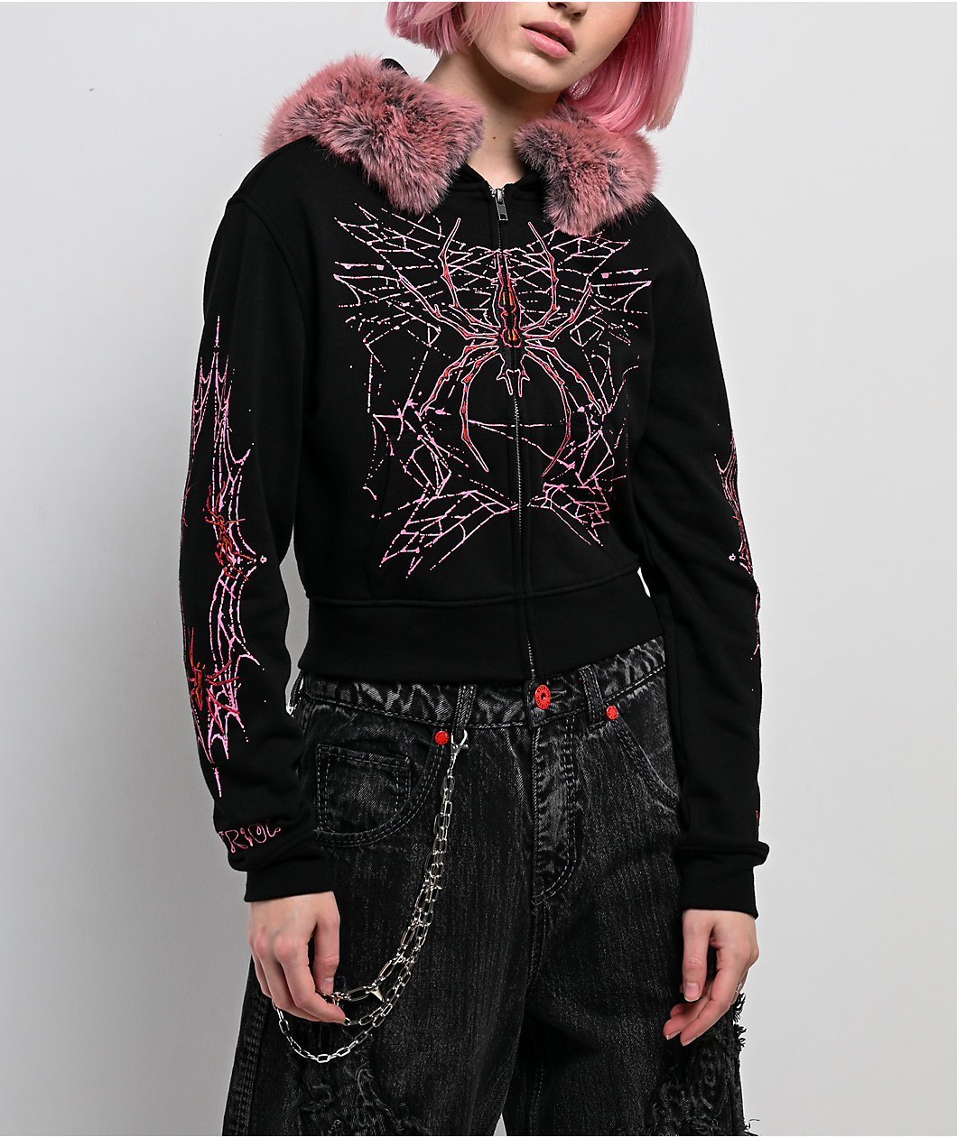 Vitriol Anya Black Faux Fur Crop Zip Hoodie