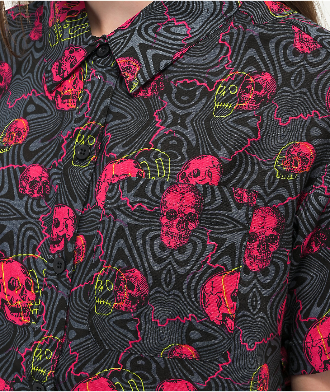 Vitriol Caedia Skull Lightning Black & Purple Short Sleeve Button Up Shirt