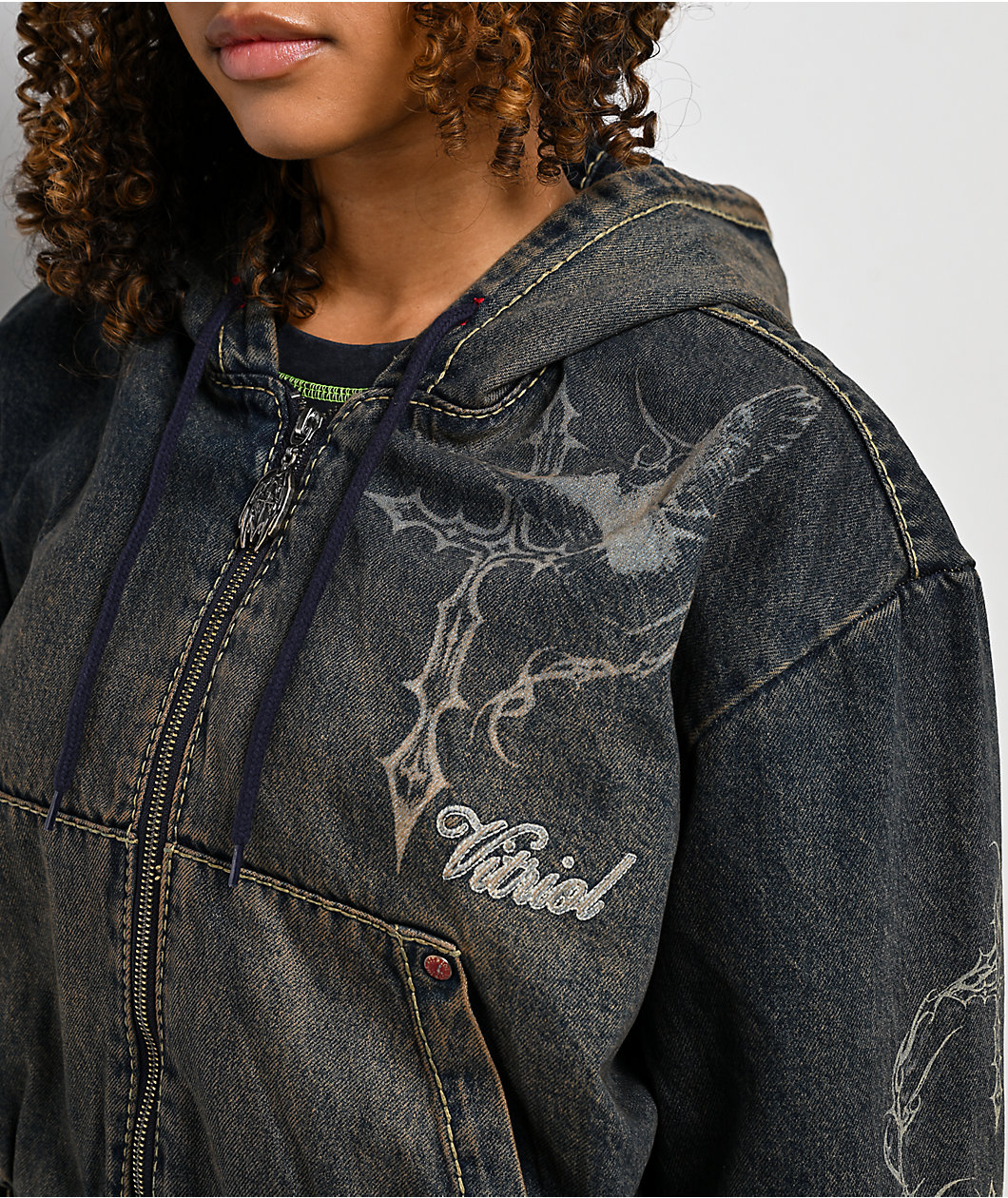 Vitriol Camden Black Wash Hooded Denim Crop Jacket