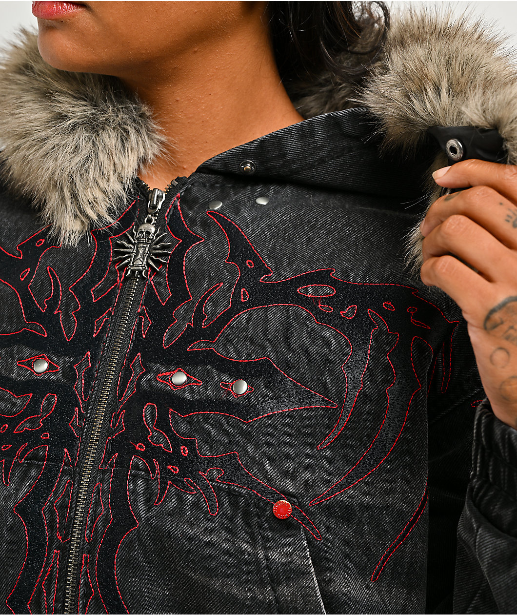 Vitriol Camden Cross Black Wash Faux Fur Crop Hooded Jacket