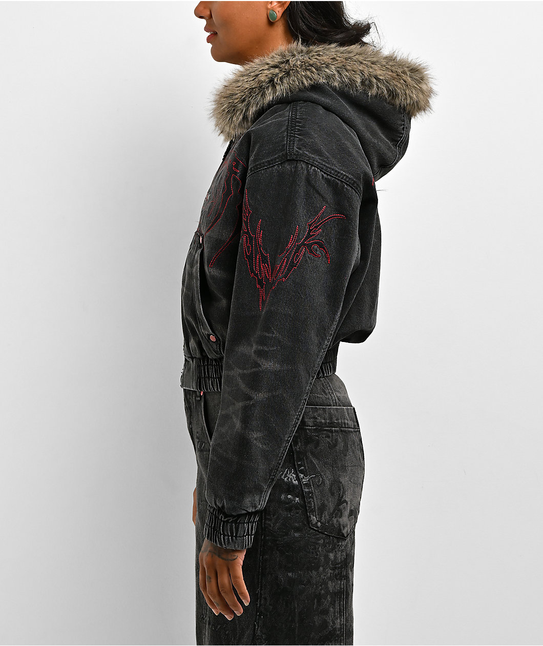 Vitriol Camden Cross Black Wash Faux Fur Crop Hooded Jacket