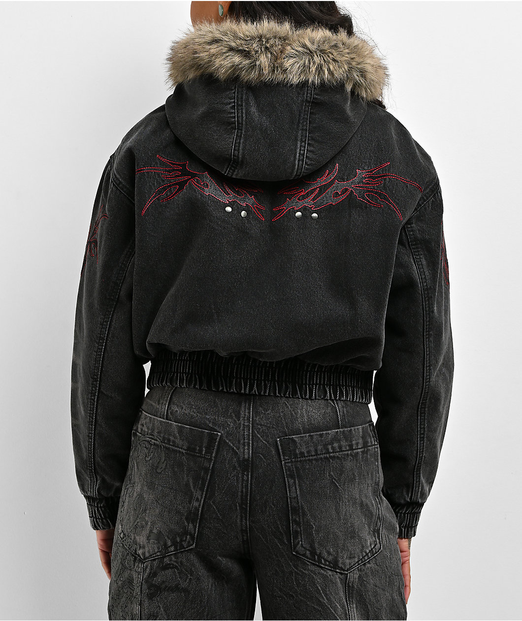 Vitriol Camden Cross Black Wash Faux Fur Crop Hooded Jacket