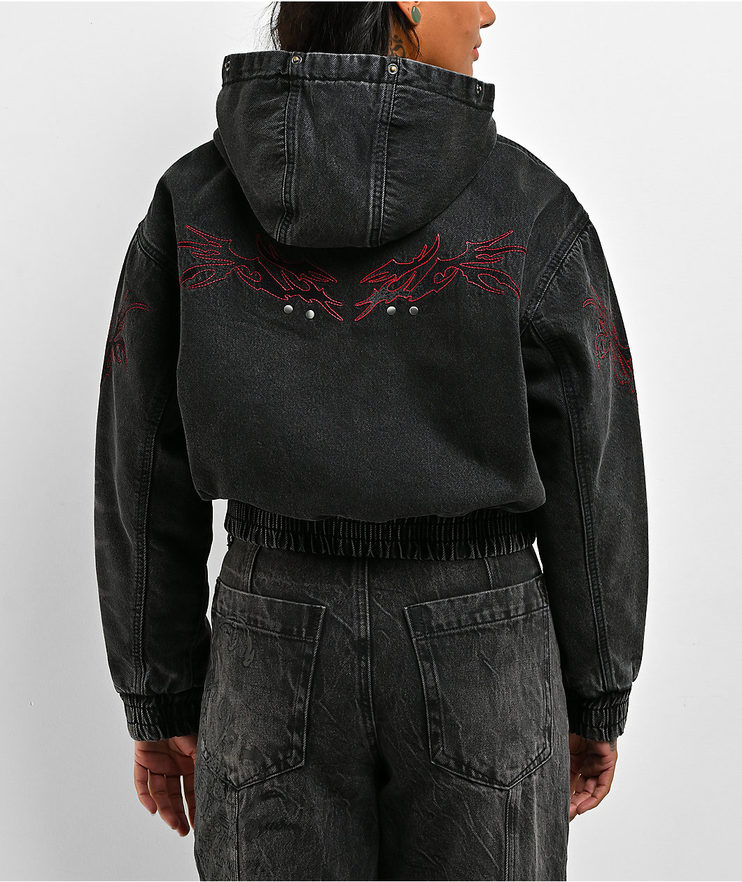 Vitriol Camden Cross Black Wash Faux Fur Crop Hooded Jacket