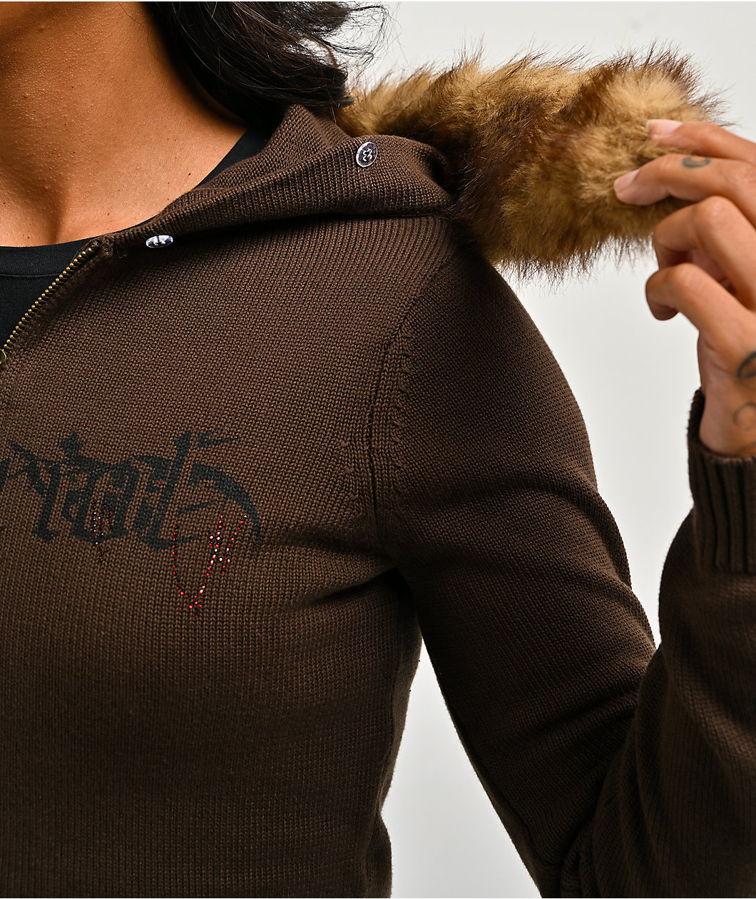 Vitriol Cole Brown Faux Fur Crop Zip Sweater