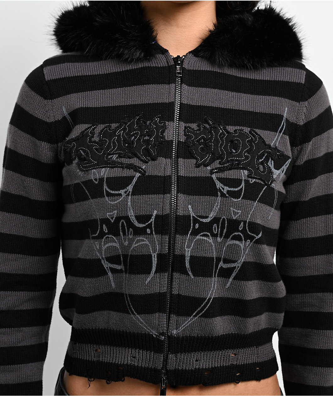 Vitriol Cole Grey Stripe Faux Fur Crop Zip Hoodie