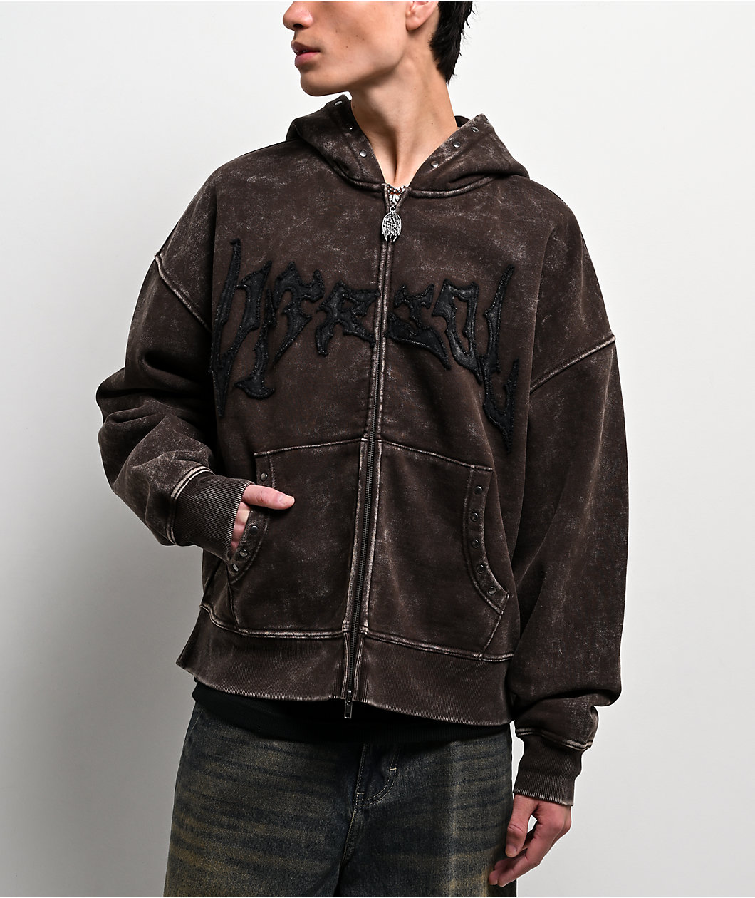 Vitriol Death Grip Brown Wash Crop Zip Hoodie