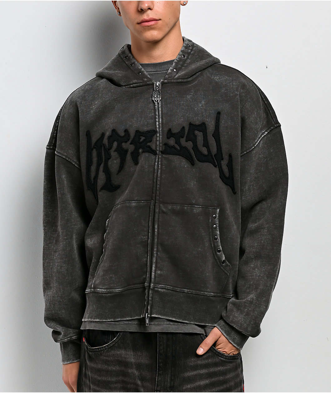 Vitriol Death Grip Grey Wash Crop Zip Hoodie