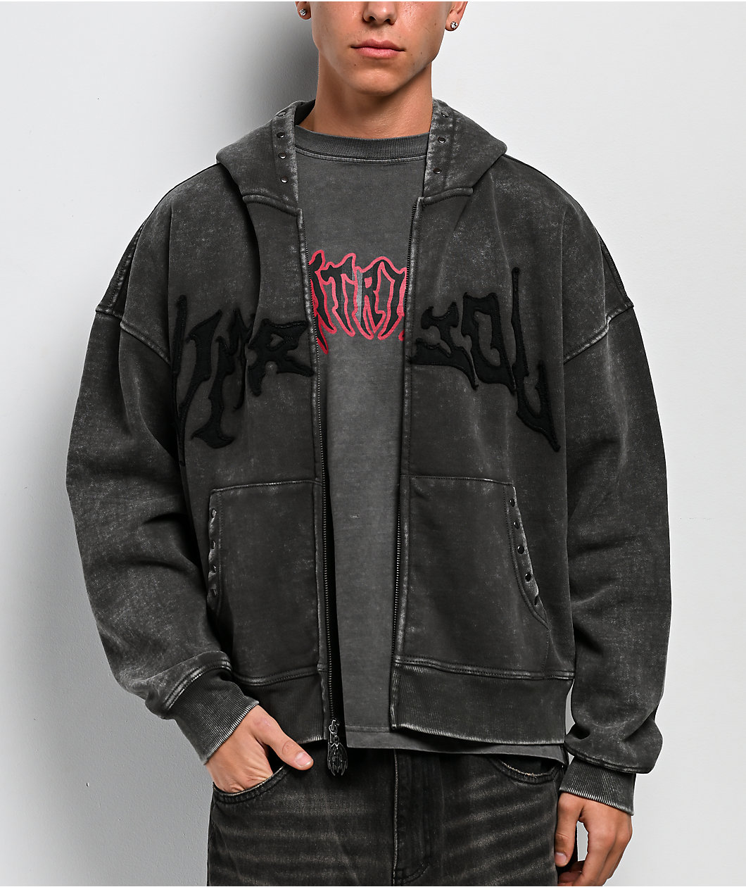 Vitriol Death Grip Grey Wash Crop Zip Hoodie