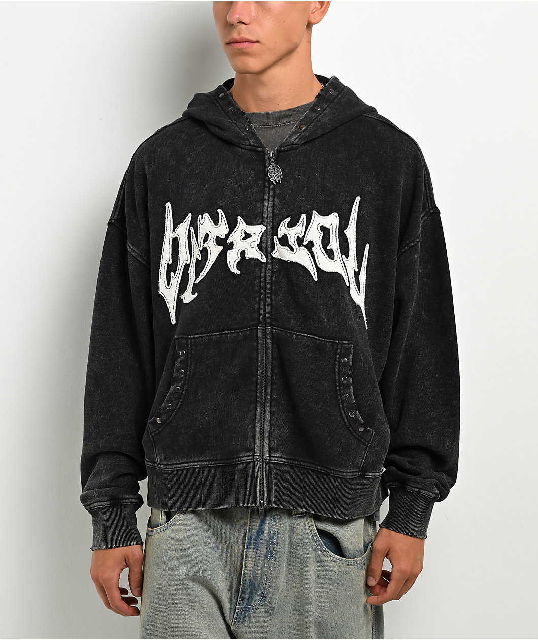 Vitriol Death Grip Studded Black Wash Crop Zip Hoodie
