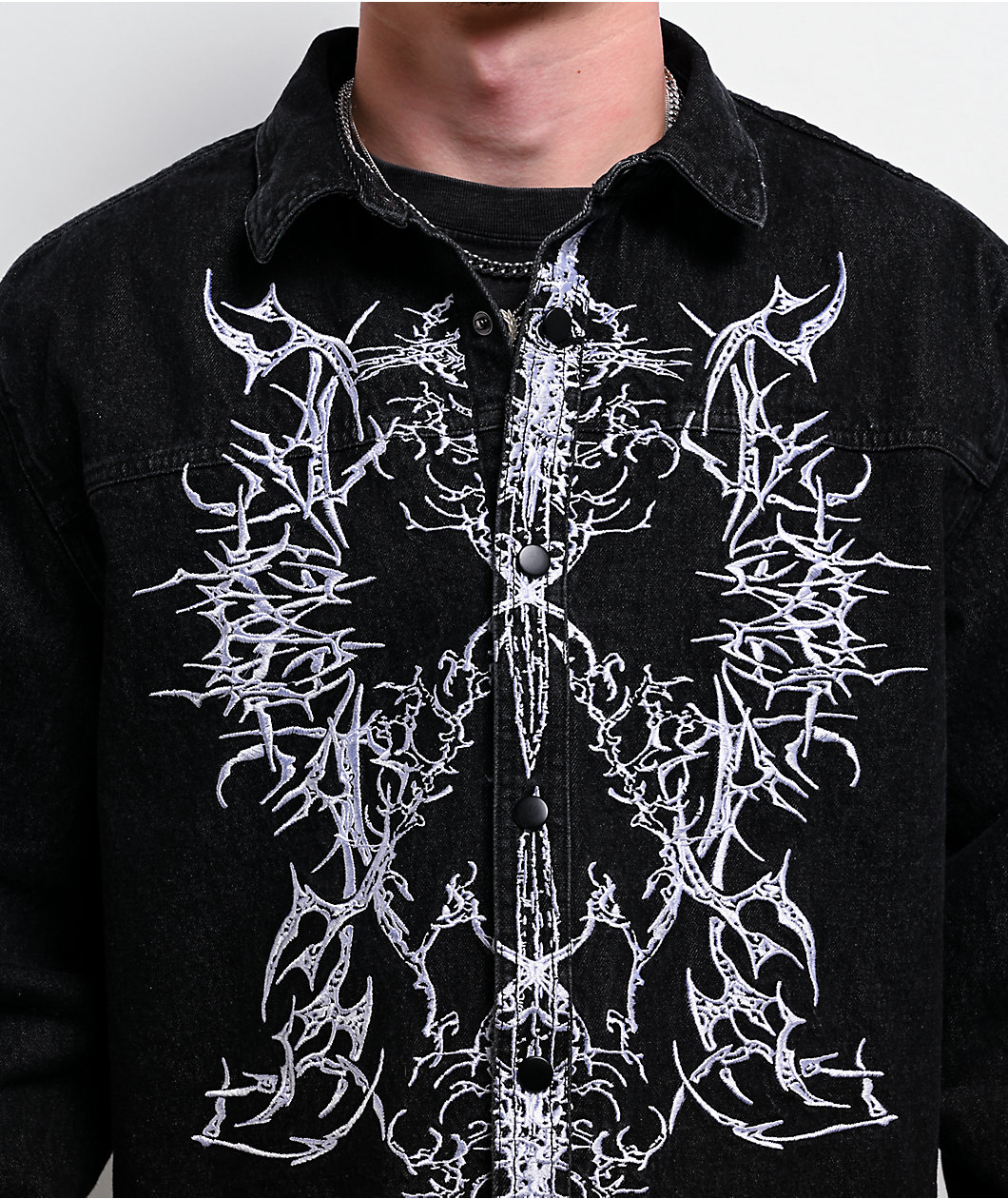 Vitriol Destroyed Denim Black Wash Long Sleeve Button Up Crop Shirt