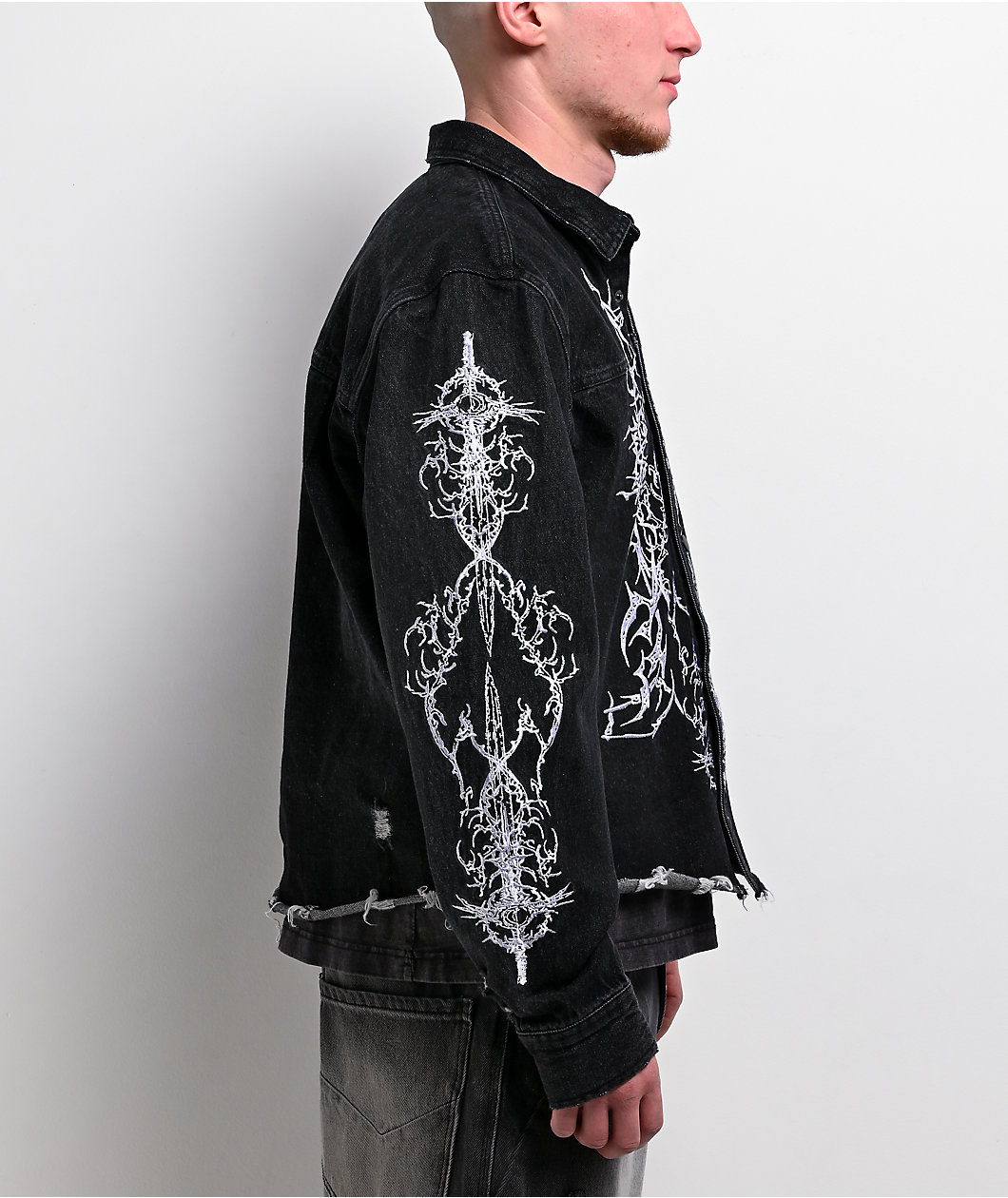 Vitriol Destroyed Denim Black Wash Long Sleeve Button Up Crop Shirt