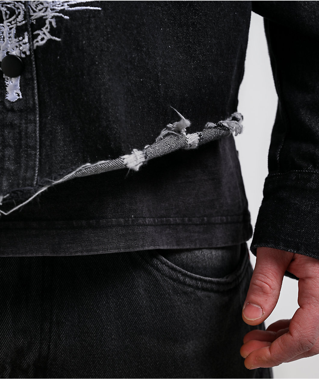 Vitriol Destroyed Denim Black Wash Long Sleeve Button Up Crop Shirt