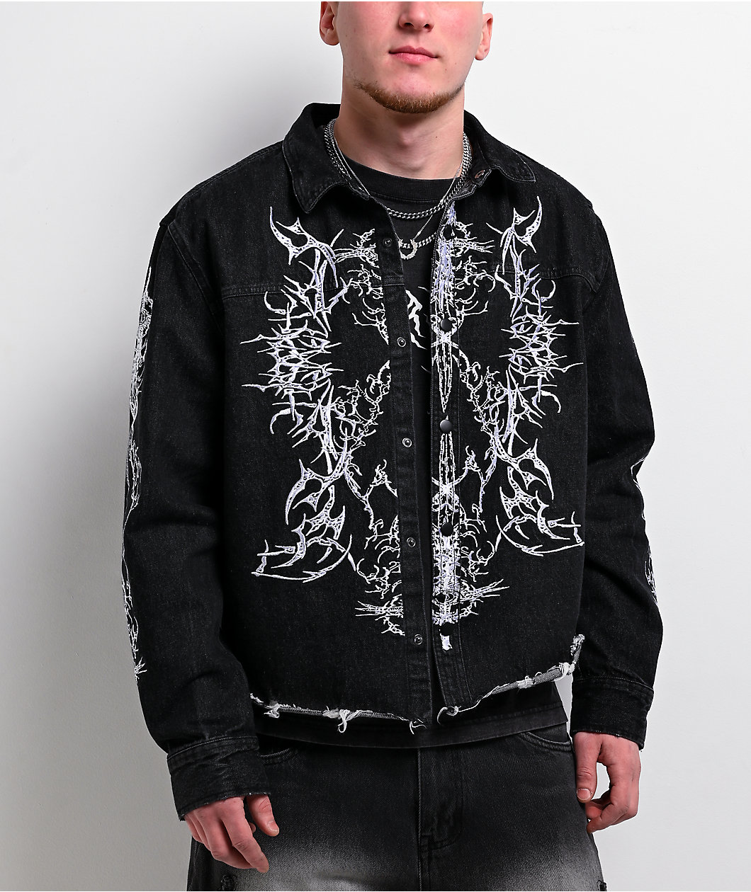 Vitriol Destroyed Denim Black Wash Long Sleeve Button Up Crop Shirt