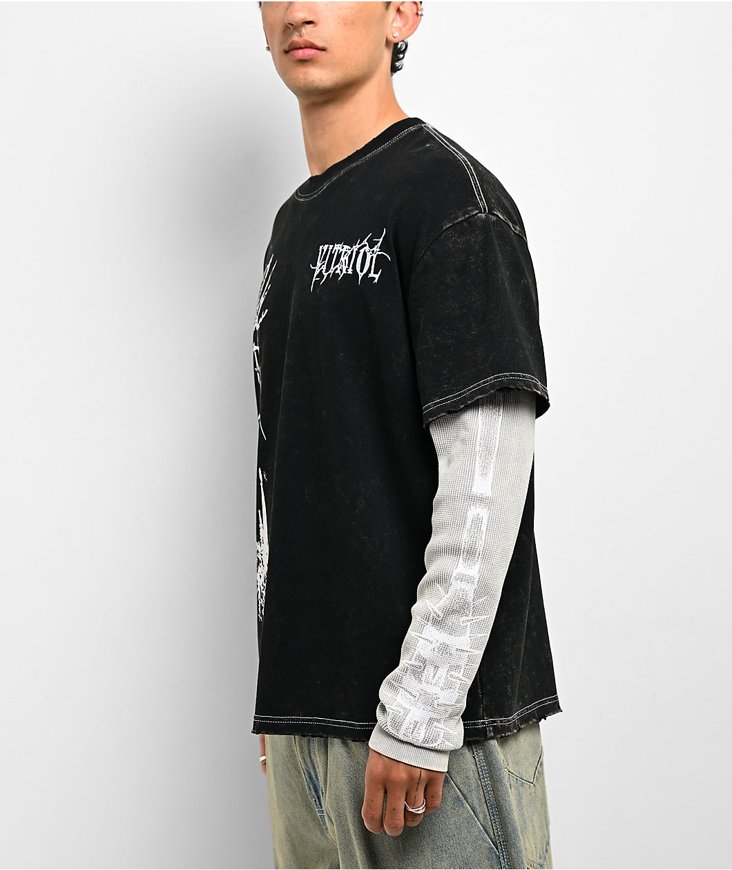 Vitriol Dragon Den Black & Grey Wash 2fer Long Sleeve  Boxy T-Shirt