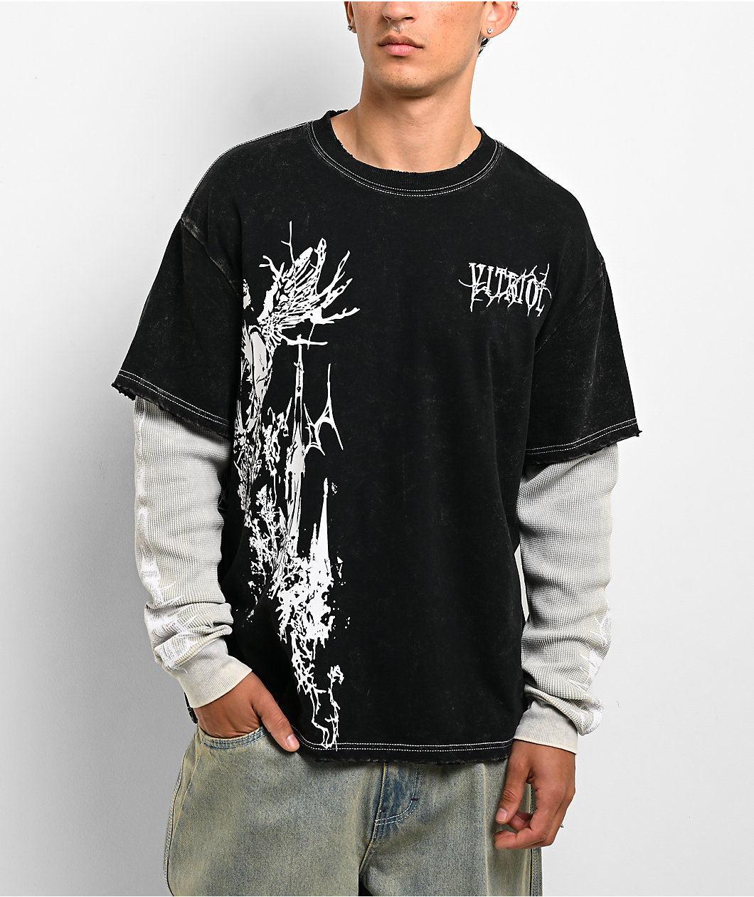 Vitriol Dragon Den Black & Grey Wash 2fer Long Sleeve  Boxy T-Shirt