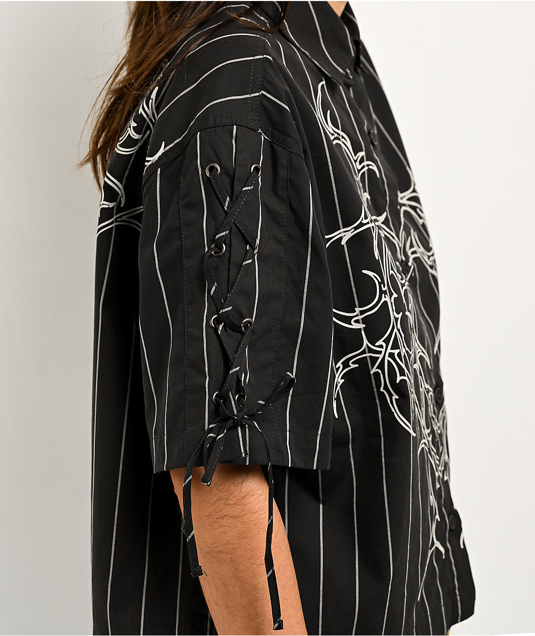 Vitriol Fallon Laced Grey Pinstripe Crop Button Up Shirt