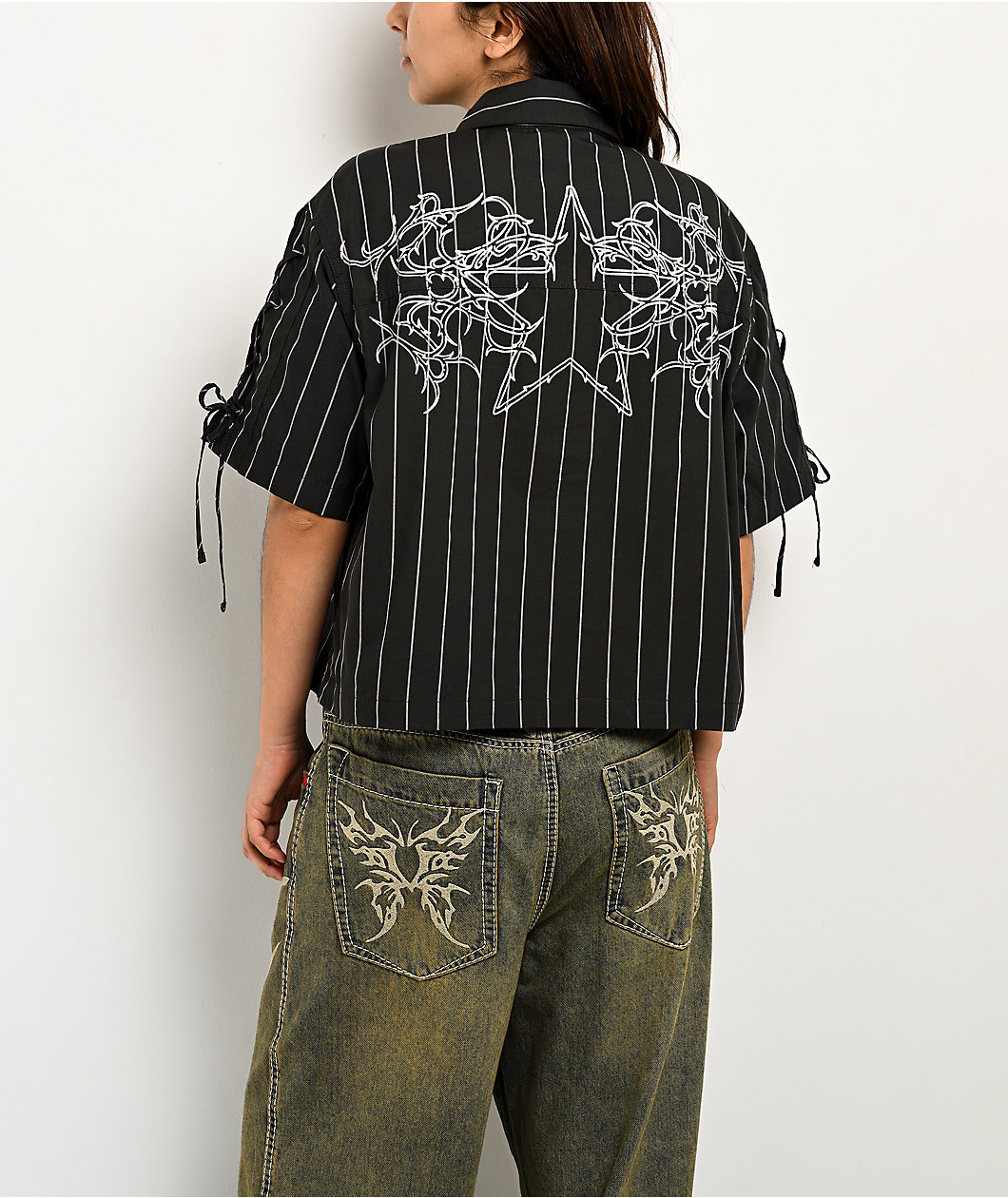 Vitriol Fallon Laced Grey Pinstripe Crop Button Up Shirt