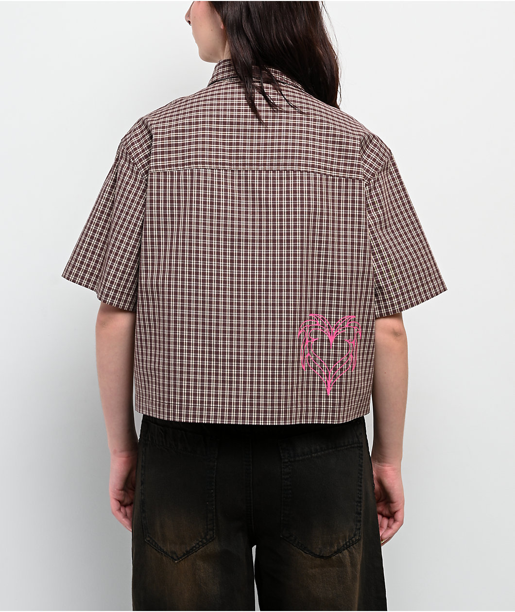 Vitriol Fallon Puce Brown Plaid Crop Short Sleeve Button Up Shirt
