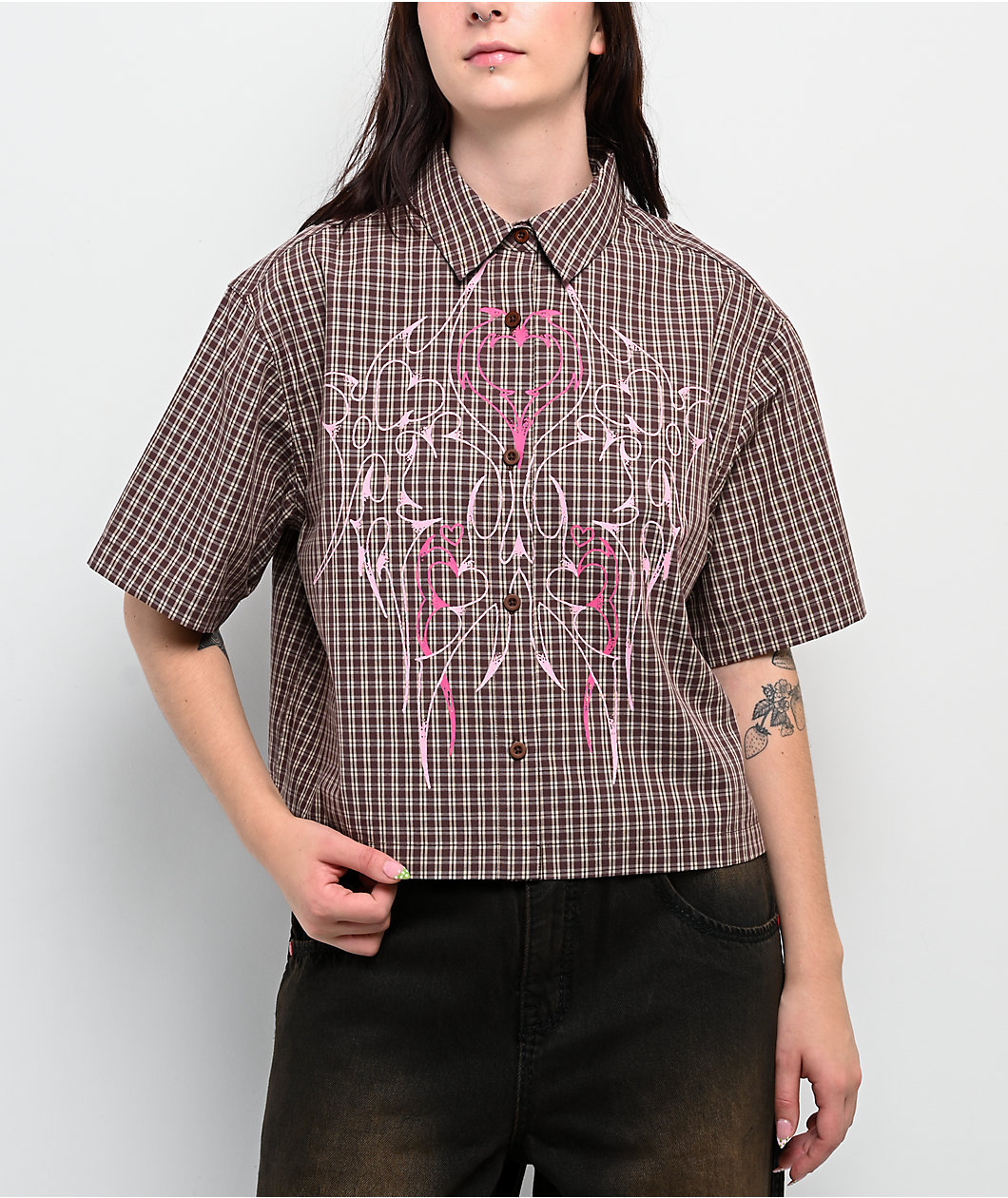 Vitriol Fallon Puce Brown Plaid Short Sleeve Button Up Crop Shirt