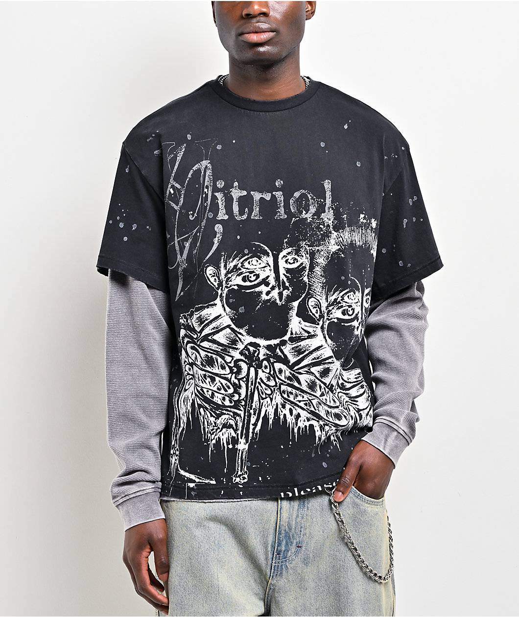 Vitriol Feral Friends Black Wash & Grey 2fer Long Sleeve T-Shirt