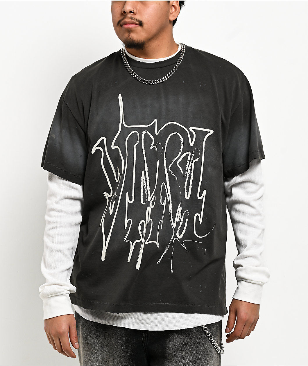 Vitriol From Ash Black Wash & White 2Fer Oversized Long Sleeve T-Shirt