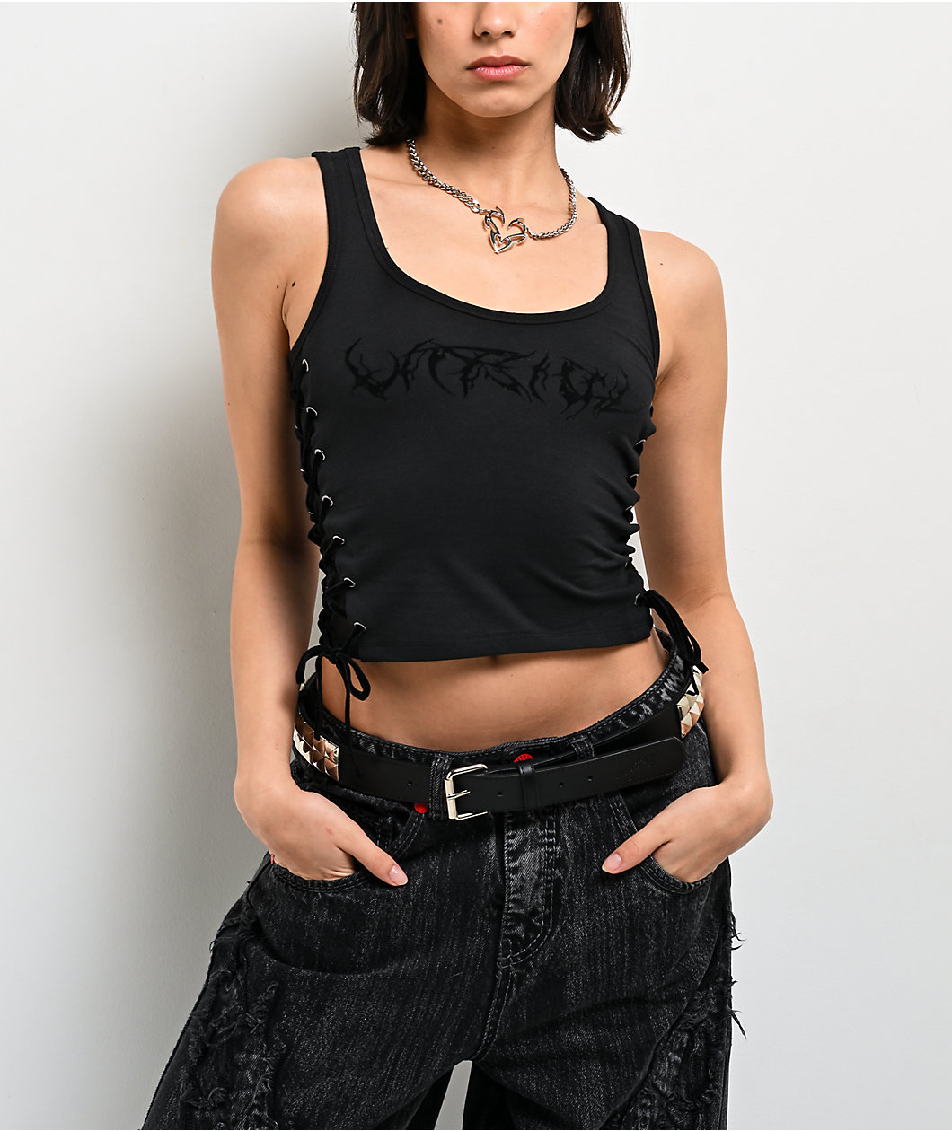 Vitriol Ivy Black Lace Up Crop Tank Top