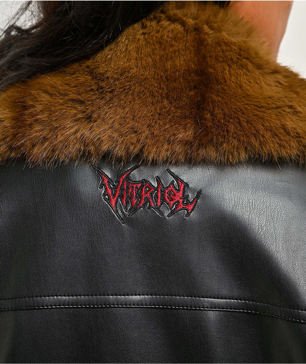 Vitriol Kasper Faux Fur Collar Faux Leather Black Bomber Jacket