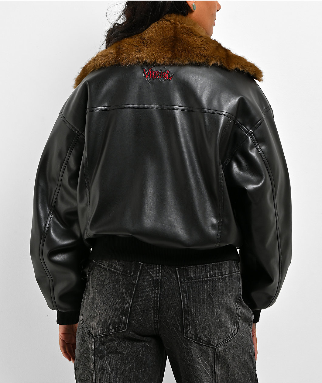 Vitriol Kasper Faux Fur Collar Faux Leather Black Bomber Jacket
