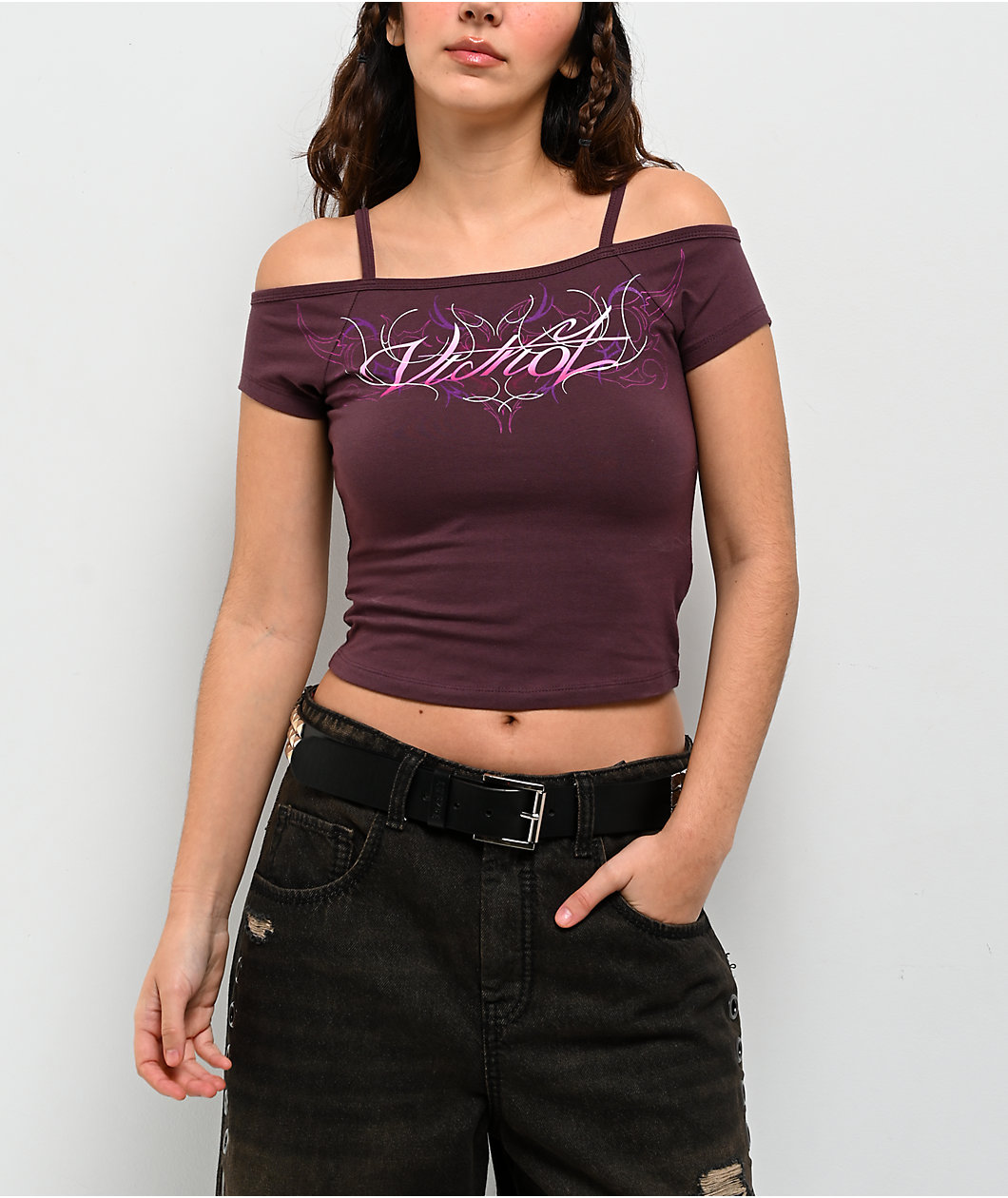 Vitriol Keeli Off Shoulder Purple Crop T-Shirt